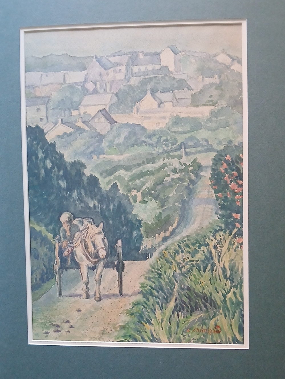 Vintage Framed Pastoral Watercolor Print in Green Tones 17 In X 12 In